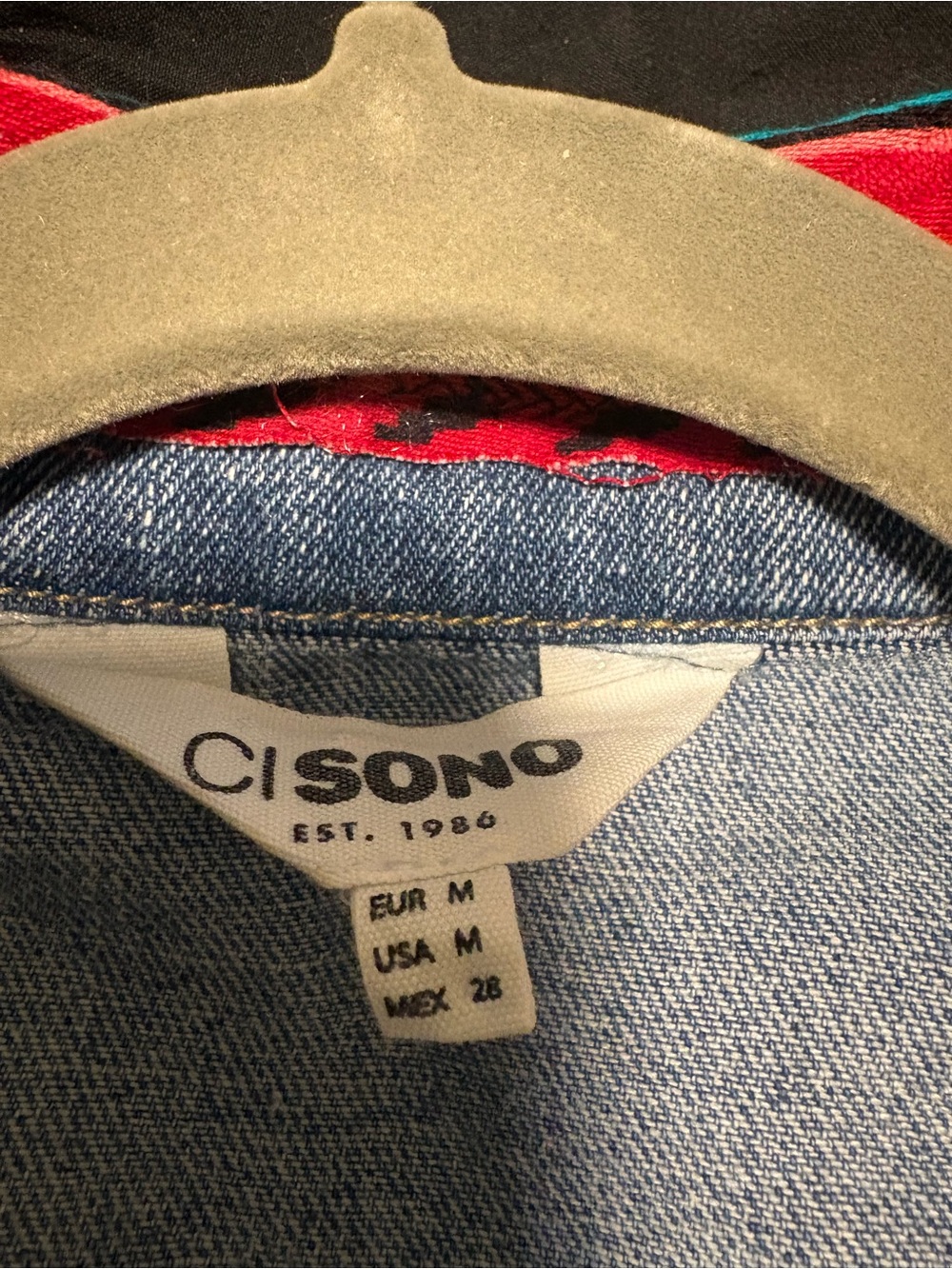 Women’s Upcycle Light Wash Denim Jacket with Red Patterned Collar - Picture 3 of 3